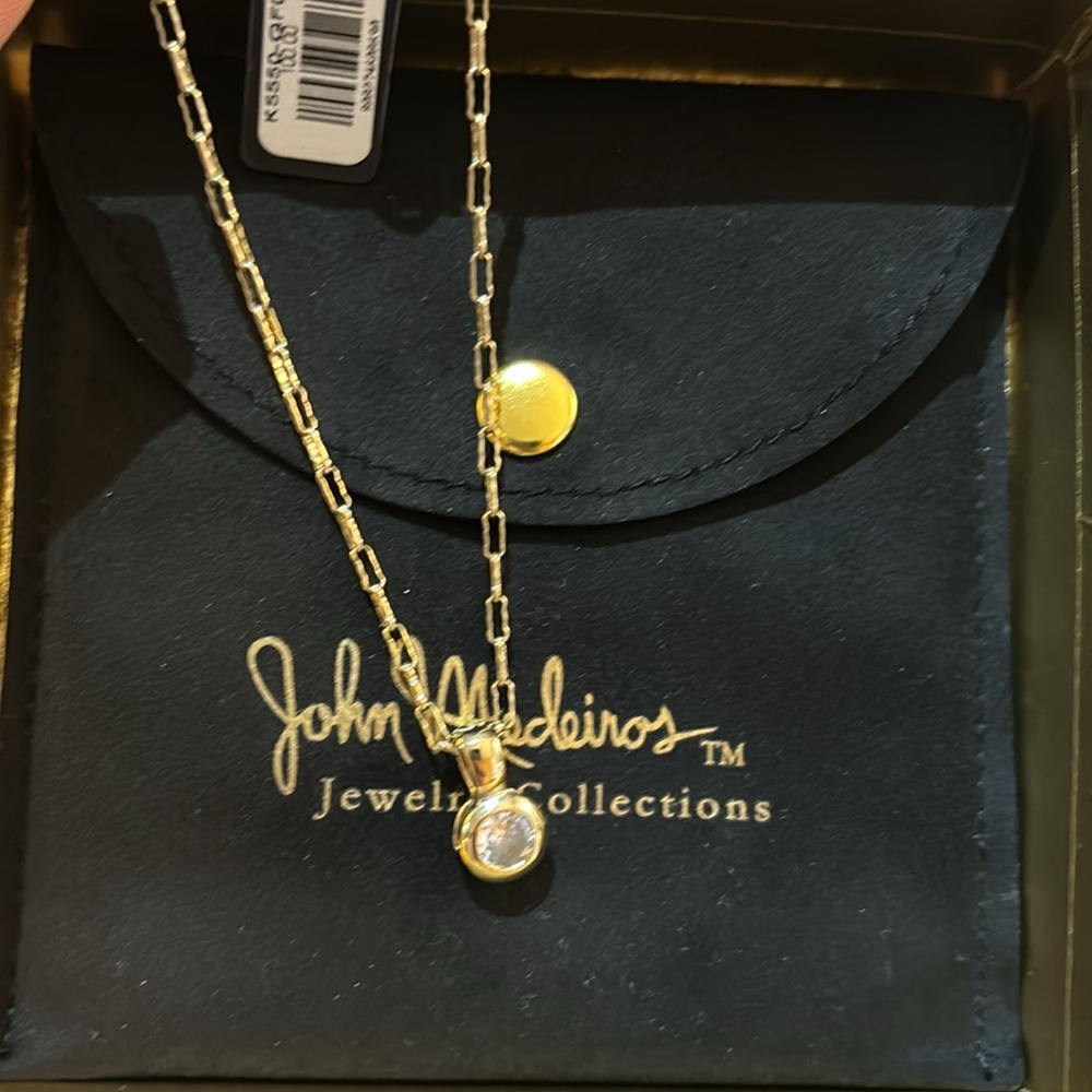 John Medeiros Gold Necklace with a bezel set crystal Roundstone pendant